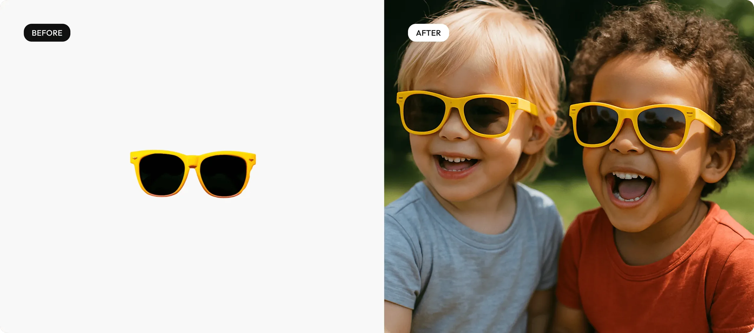 before and after, two children wearing sunglasses