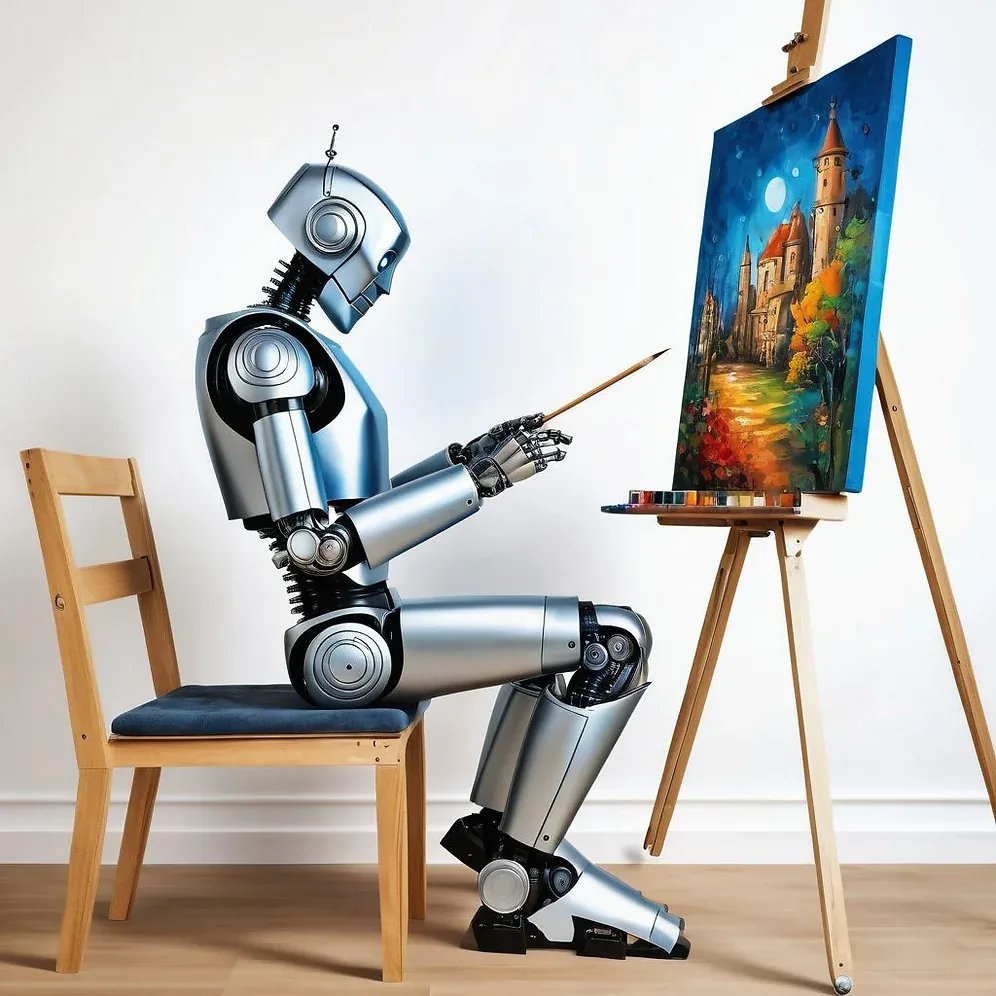 Robot painting colourful photo on a canvas