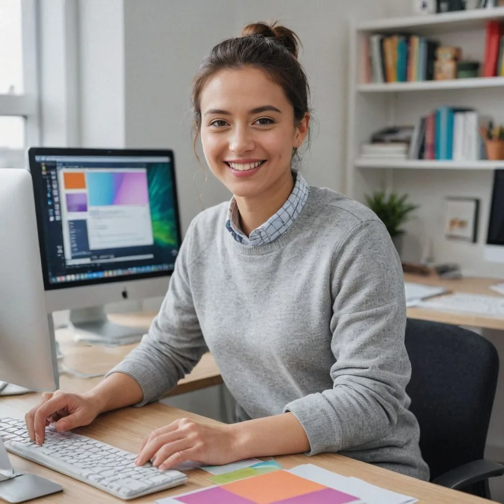 woman sat at a desk working on a computer smiling