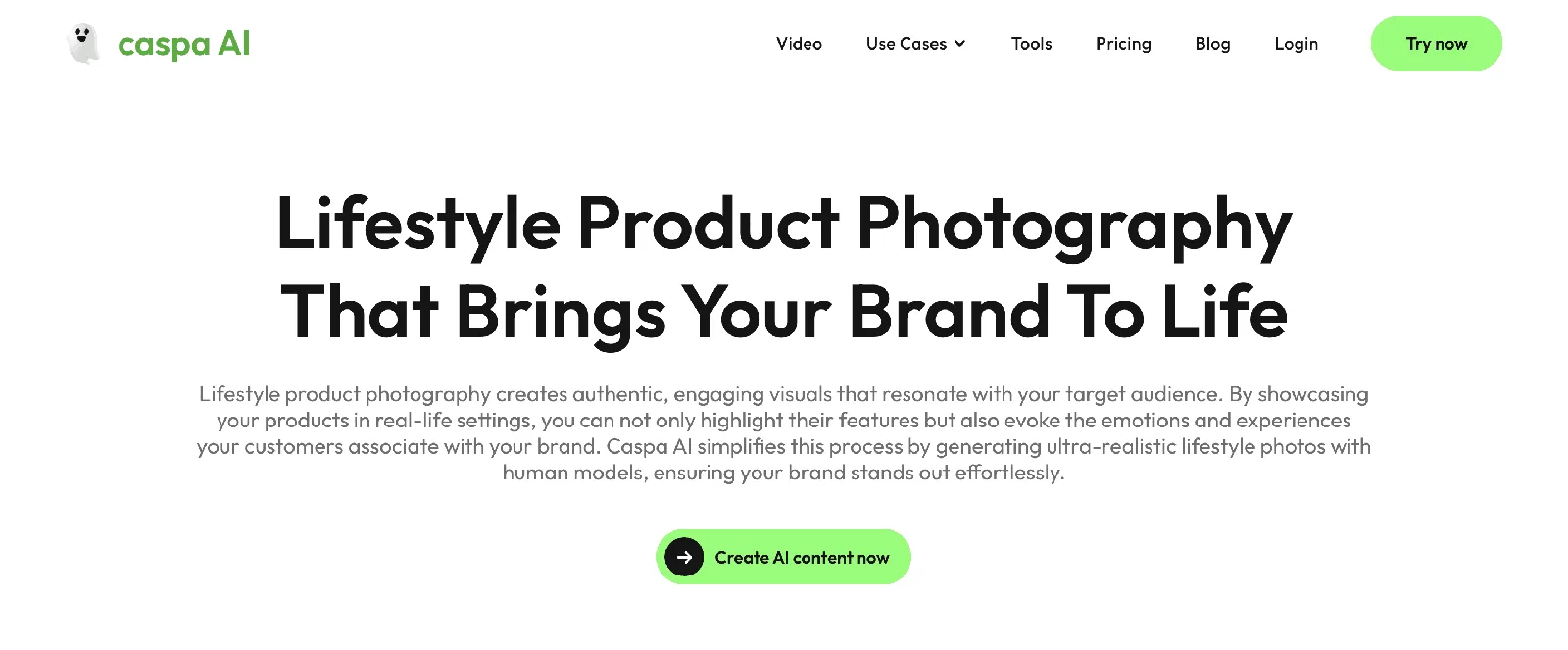 Screenshot of the Caspa AI homepage, an AI product photography and video generator for ecommerce brands