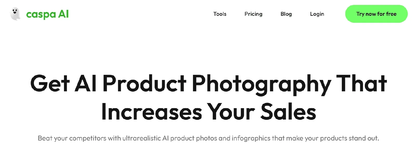 Screenshot of the Caspa AI homepage, an AI product photography and video generator for ecommerce brands