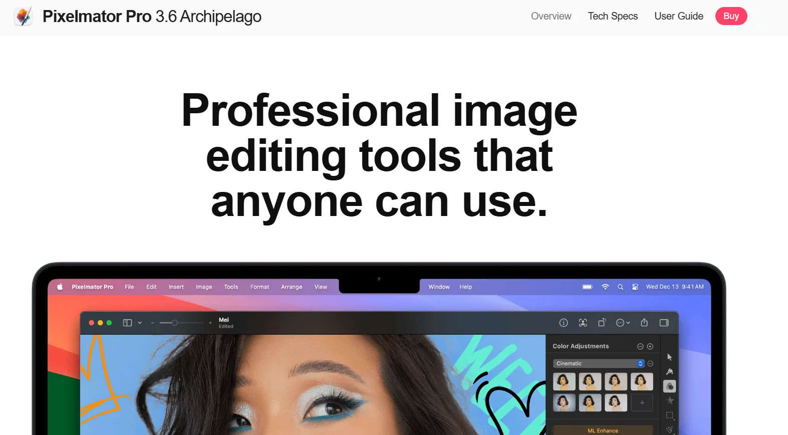 Screenshot of the Pixelmator Pro homepage, a Mac photo editor