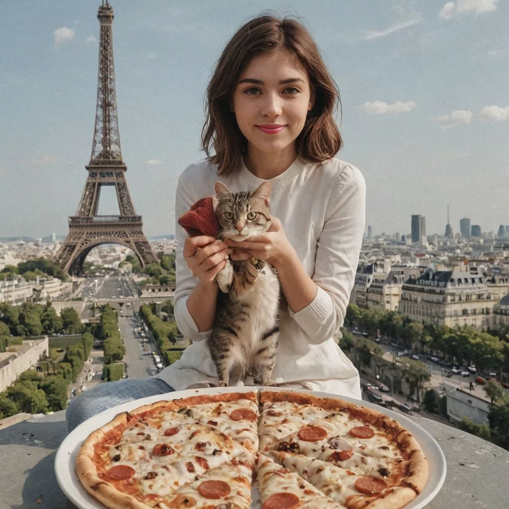 woman holding a cat and eating pizza