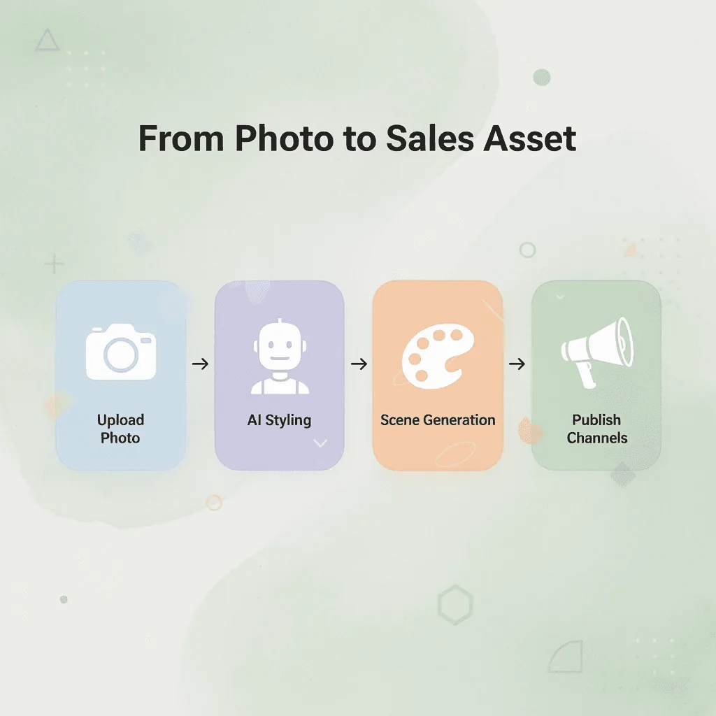 Process flow showing four steps from uploading a photo to publishing across sales channels