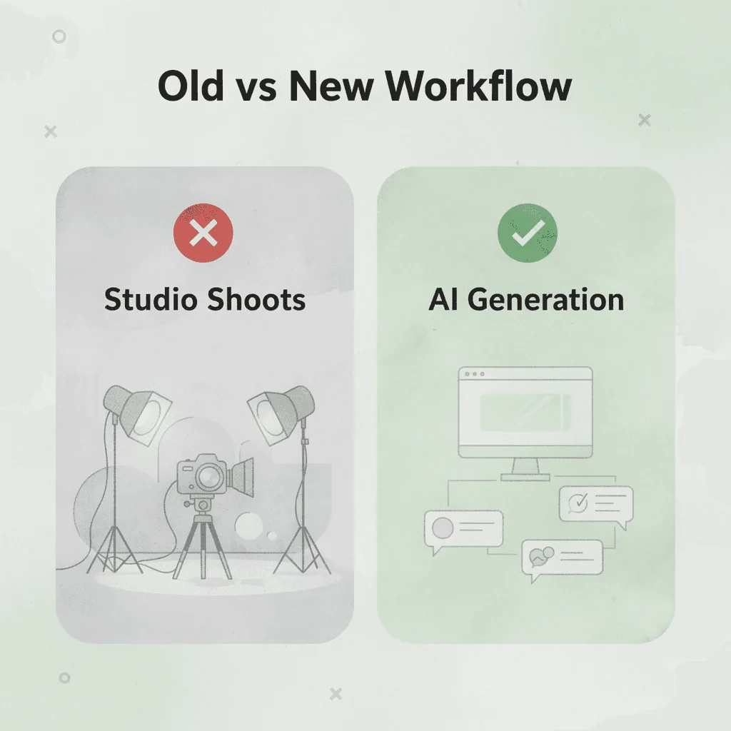 Before and after infographic comparing traditional studio shoots to AI-generated product photography