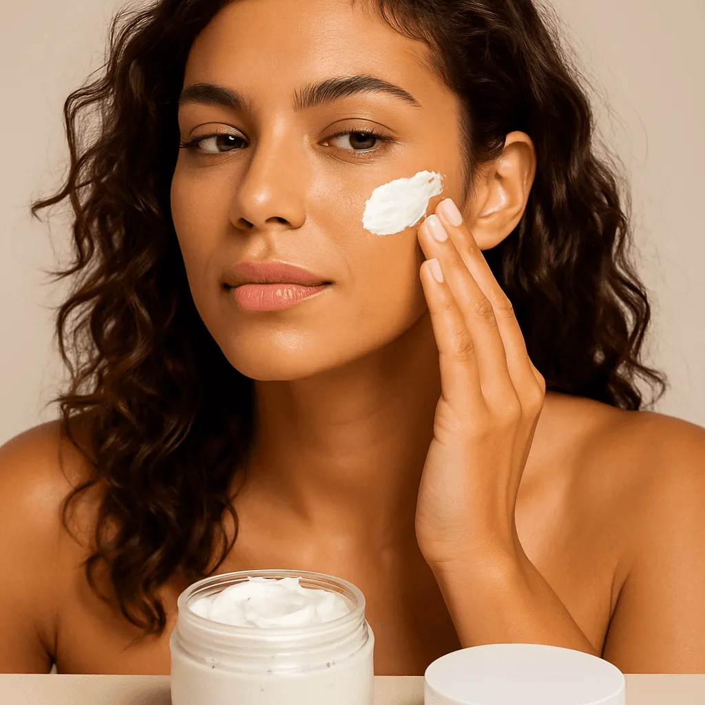 beautiful italian tanned woman applying skincare cream to her face created on caspa AI
