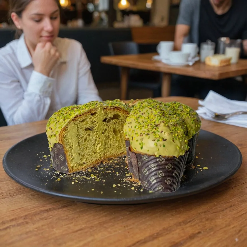 pistachio cake on the table in a cafe with a chef in the background