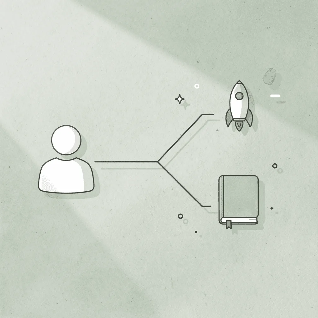 Icon splitting into two outcome paths representing shopper commit or leave decision