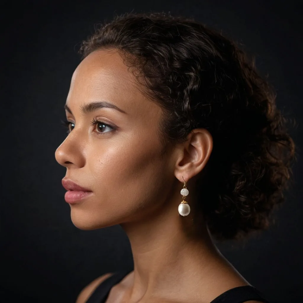 mixed race woman wearing earrings in a dark luxury studio