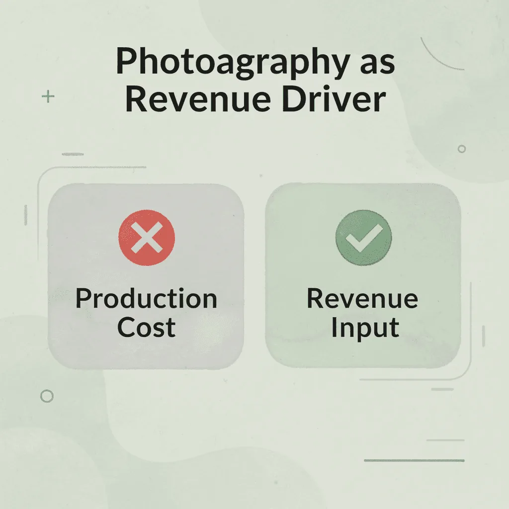 Before and after infographic showing the shift from treating product photography as a production cost to a revenue input