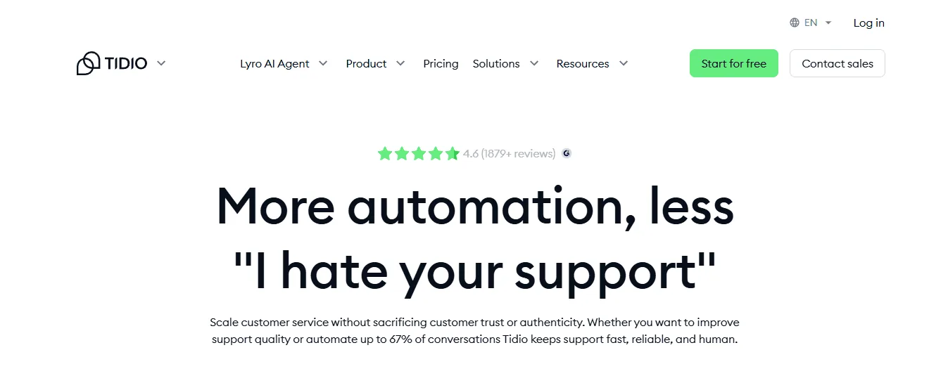 Screenshot of the Tidio homepage, an AI customer service and chatbot platform