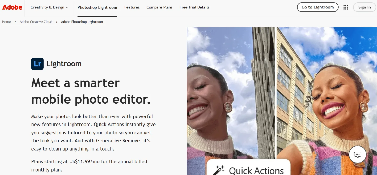 Screenshot of the Adobe Lightroom homepage, a photo editing app