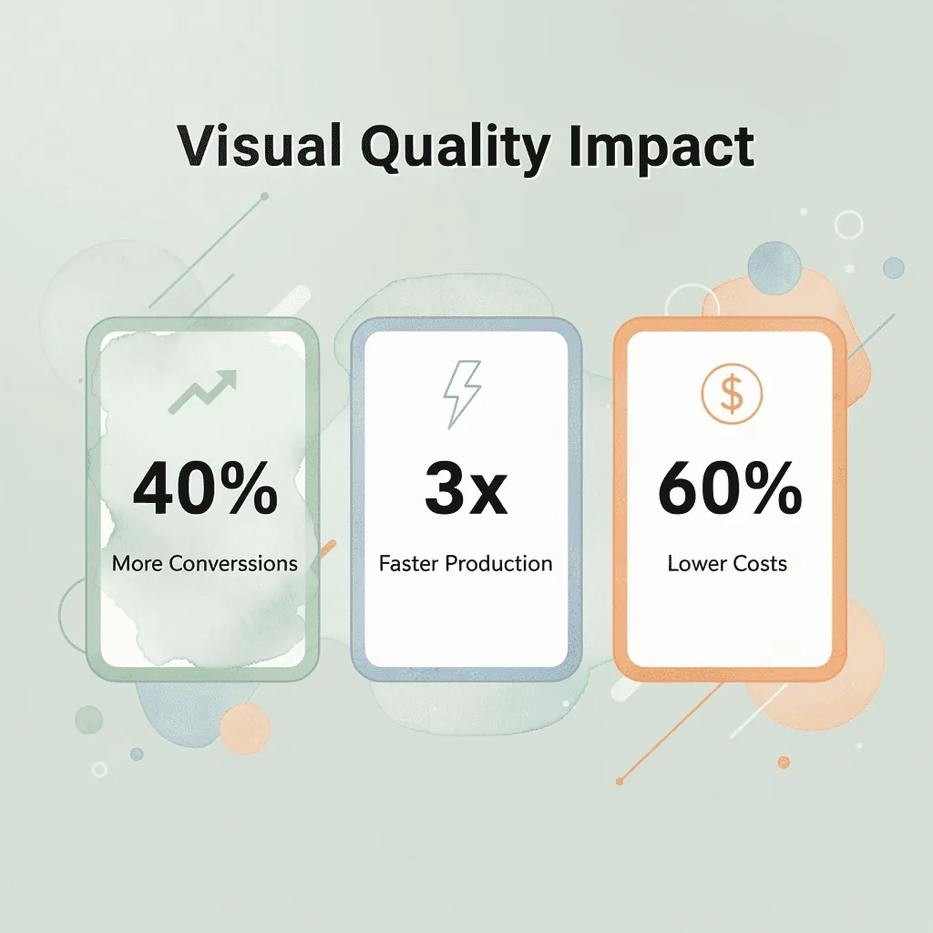 Infographic showing key stats: 40% more conversions, 3x faster production, 60% lower costs