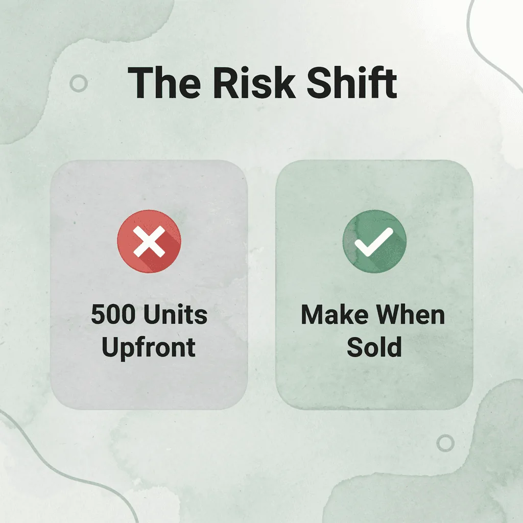 Before and after infographic showing the shift from bulk inventory risk to print-on-demand fulfillment