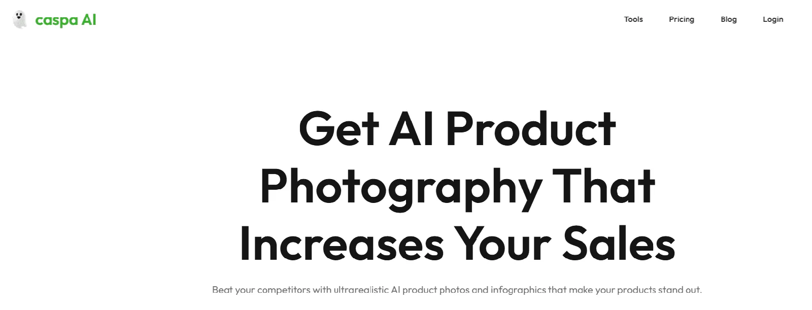 Screenshot of the Caspa AI homepage, an AI product photography and video generator for ecommerce brands