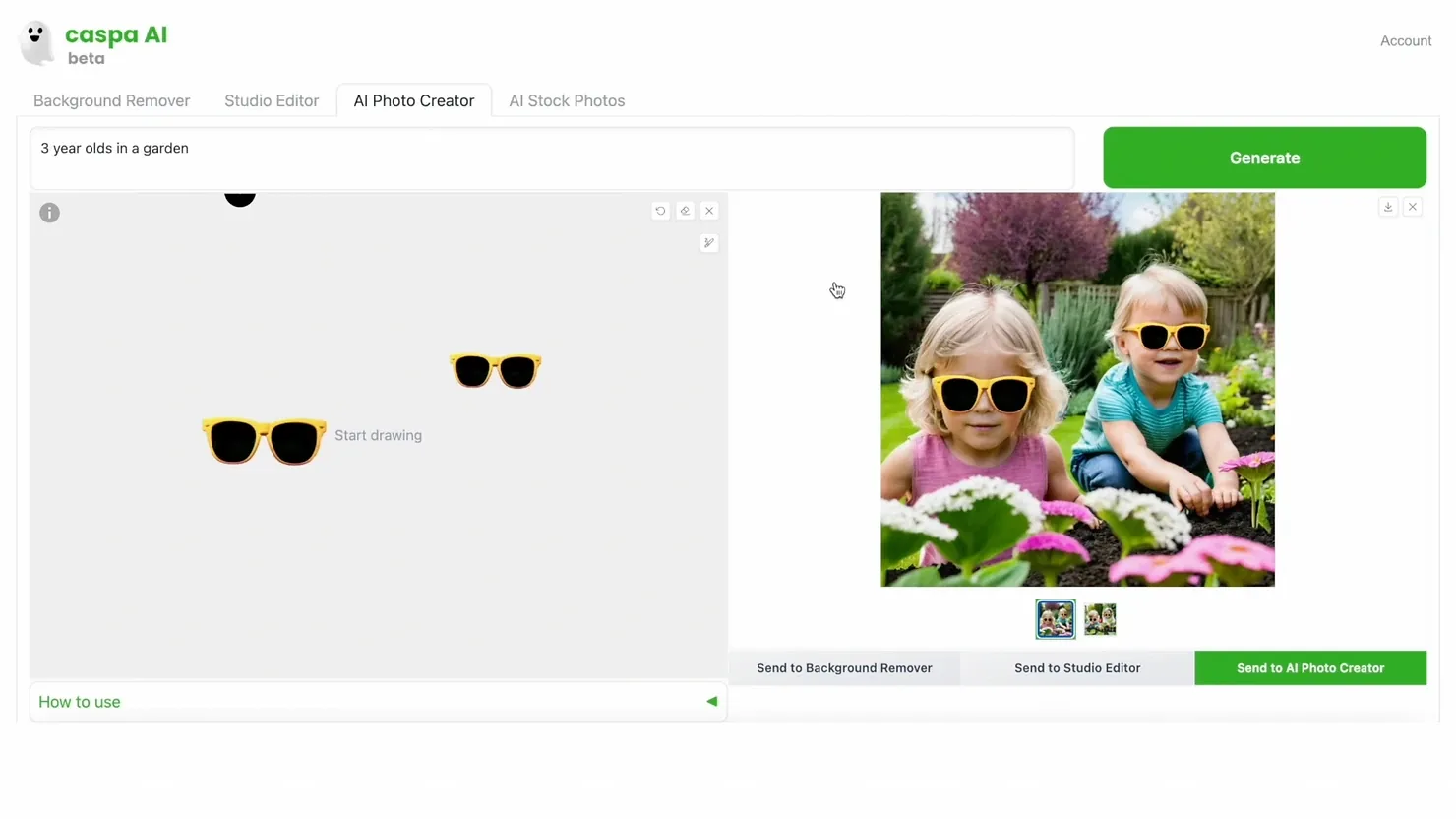 glasses image being made on the caspa AI platform with 2 3 year old kids in a garden wearing yellow sunglasses
