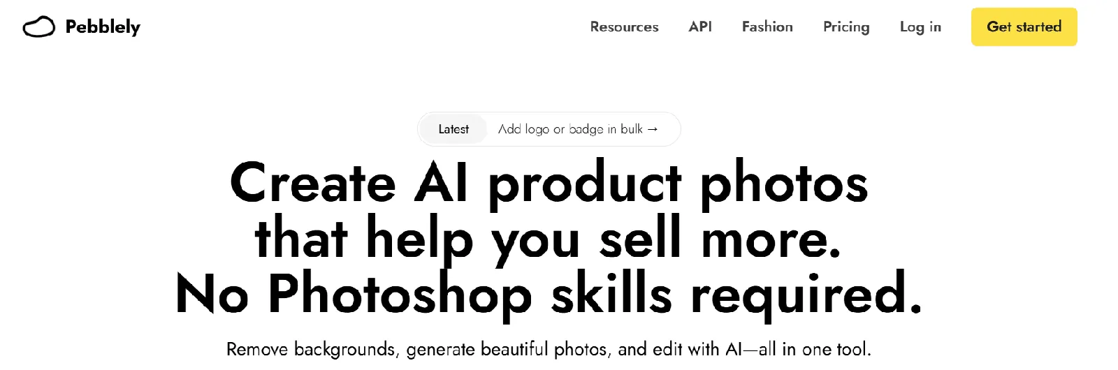 Screenshot of the Pebblely homepage, an AI product photo generator
