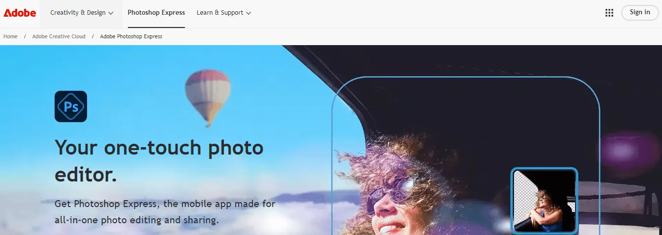 Screenshot of the Adobe Photoshop Express homepage