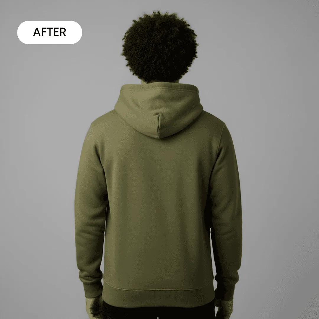 green hoodie on a mixed race man standing in a grey professional studio facing the back