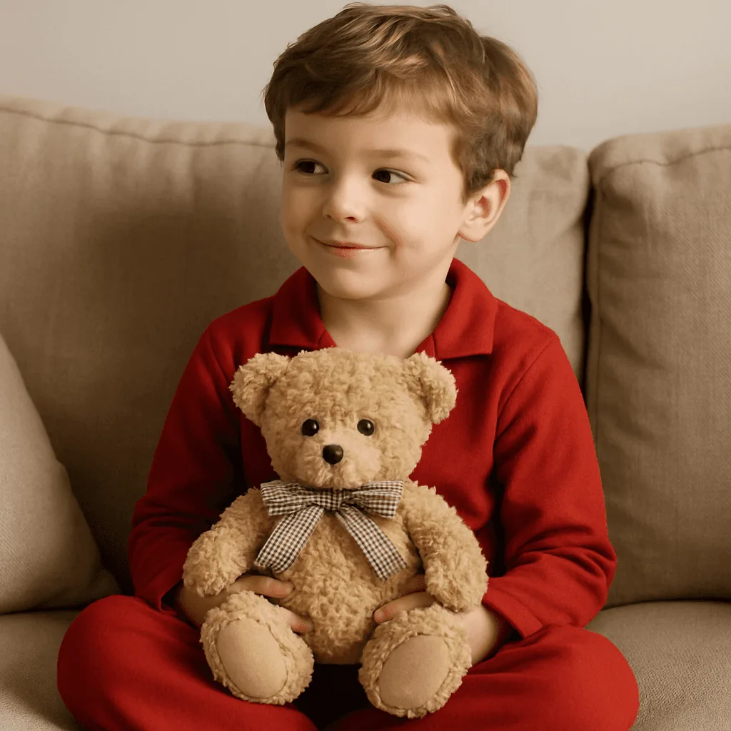 4 year old boy wearing red pyjamas on sofa holding teddy bear