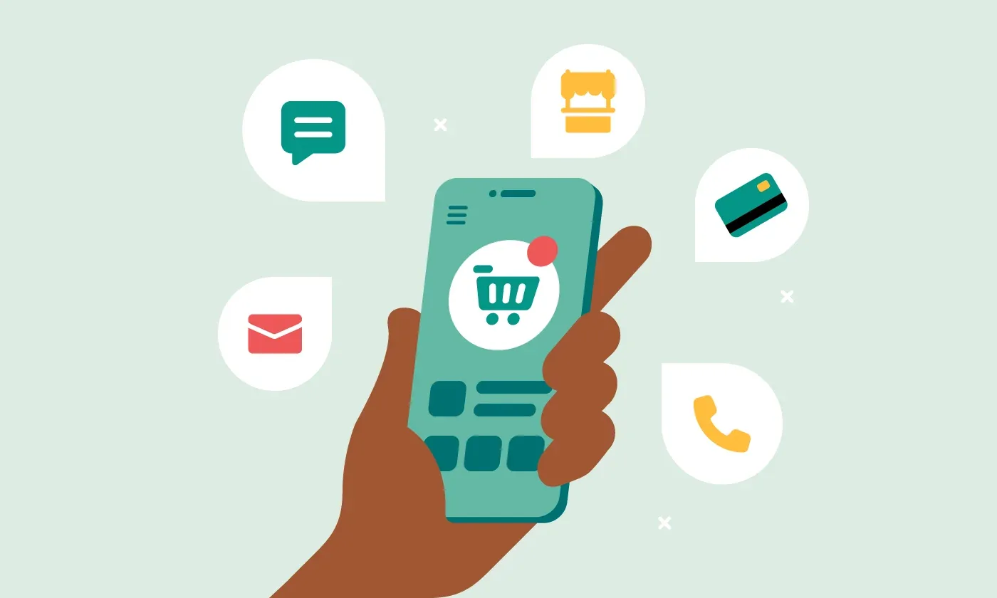 Illustration of a hand holding a phone with a shopping cart app surrounded by chat, email, payment and phone icons