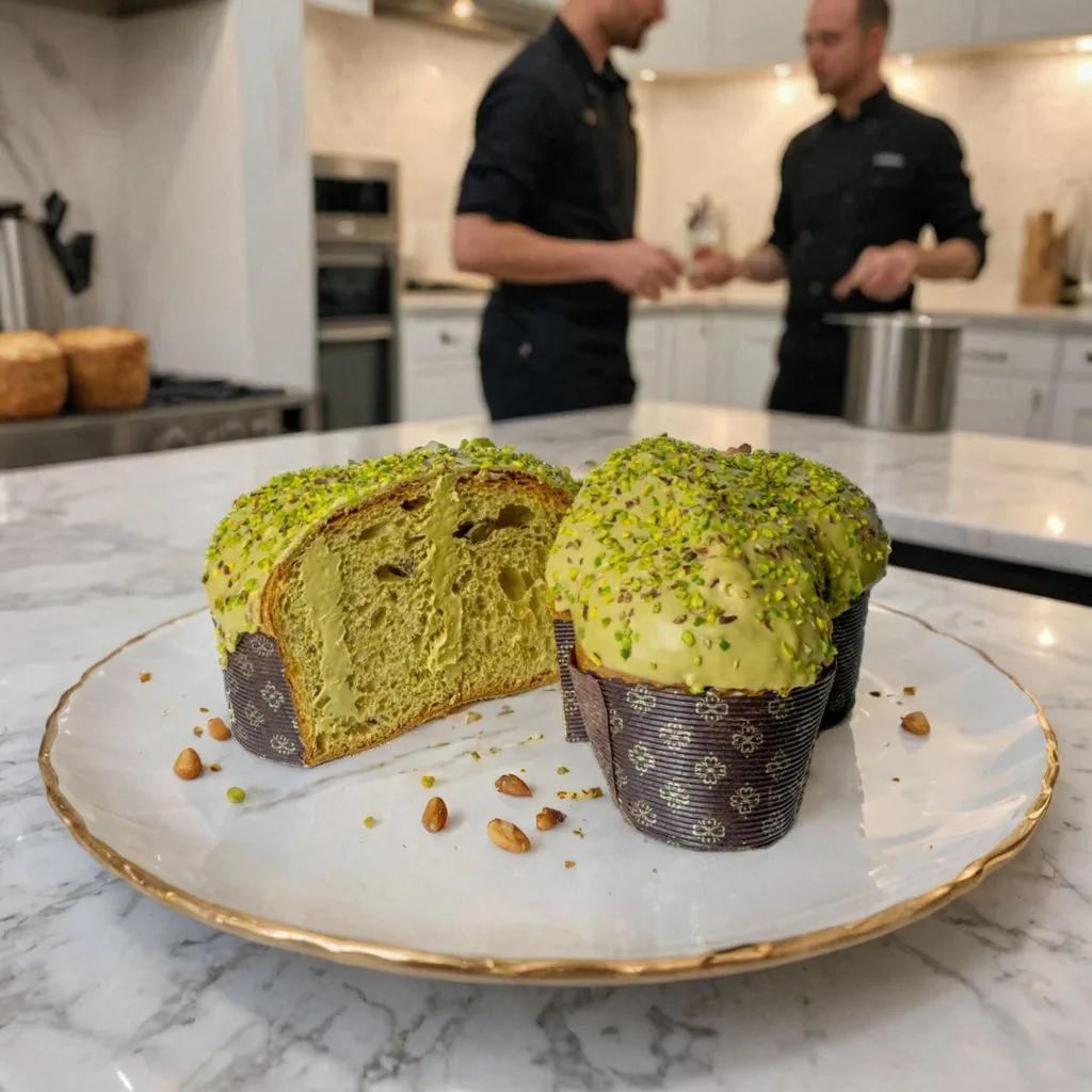 pistachio cake in a restaurant, chef in the background made on caspa AI