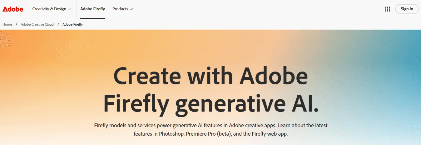 Screenshot of the Adobe Firefly homepage