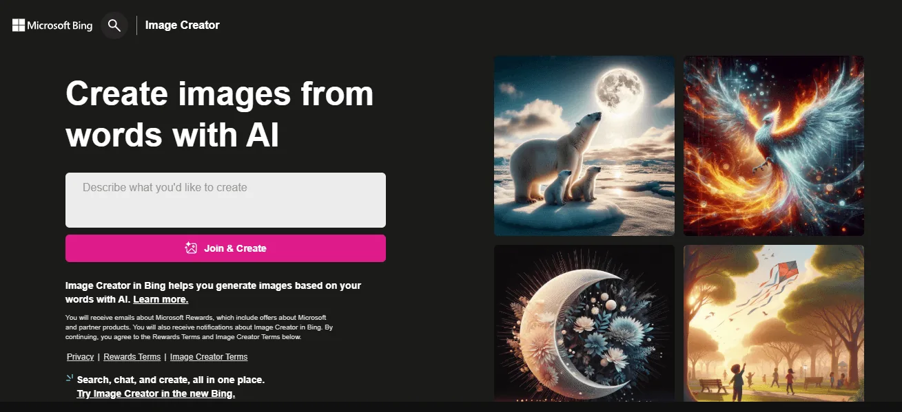 Screenshot of the Image Creator from Designer homepage