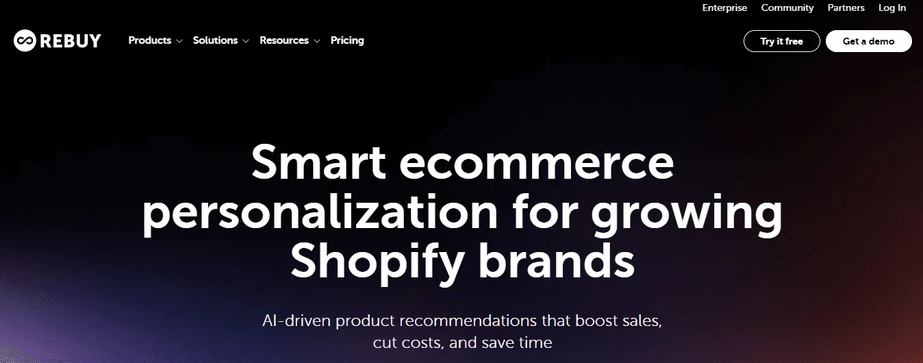 Screenshot of the Rebuy homepage, an ecommerce personalization platform for Shopify brands
