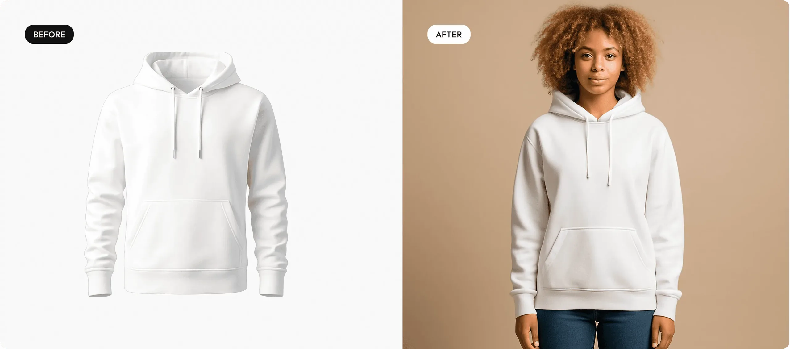 before and after, woman wearing white hoodie