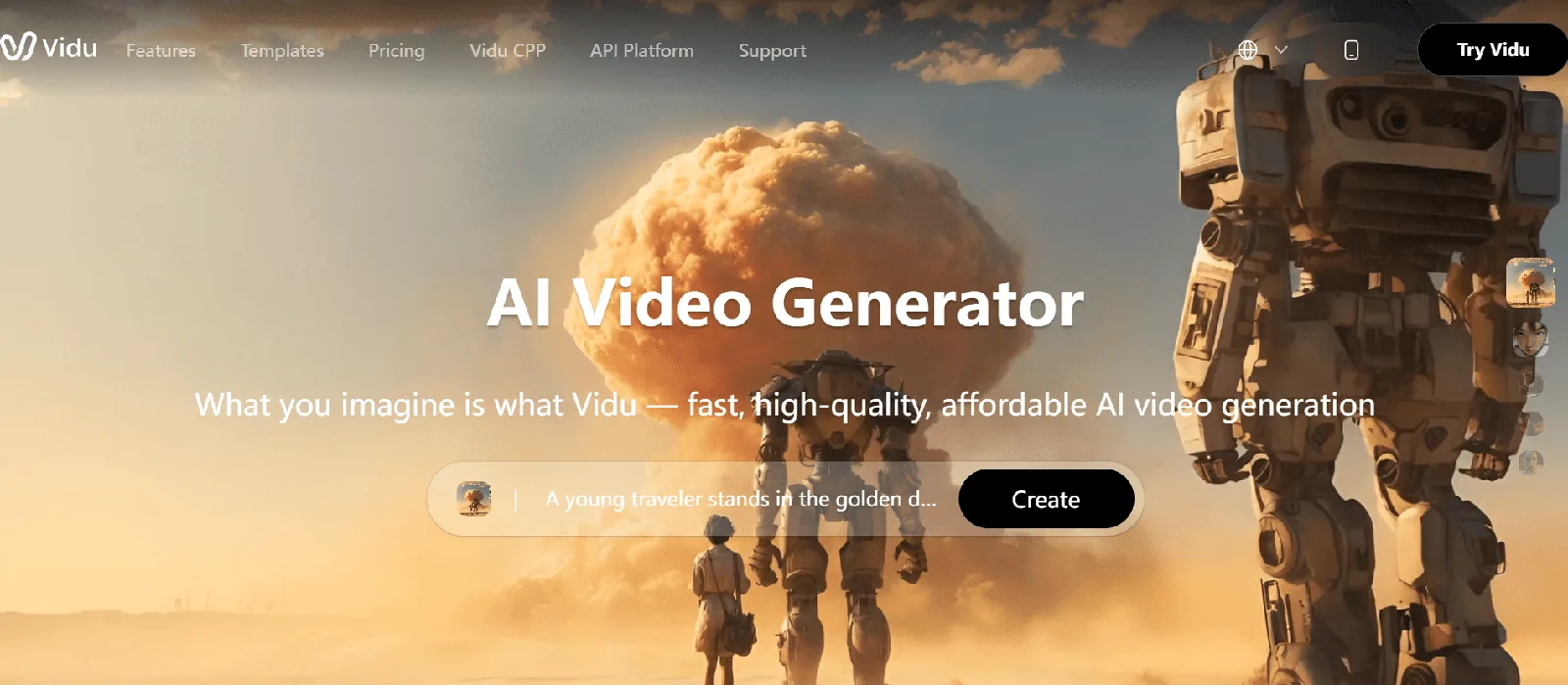 Screenshot of the Vidu AI homepage, an AI video generation tool