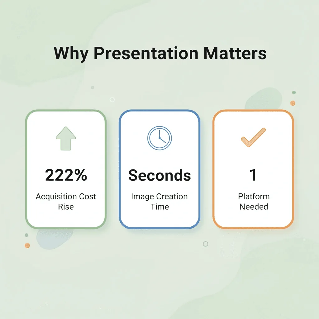 Stats infographic highlighting a 222% rise in acquisition costs, seconds to create images, and a single platform needed