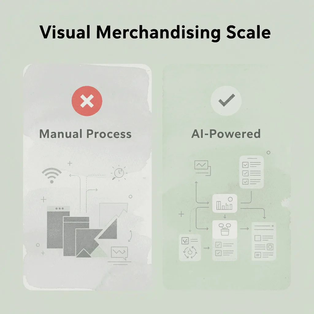 Before and after infographic comparing manual versus AI-powered visual merchandising