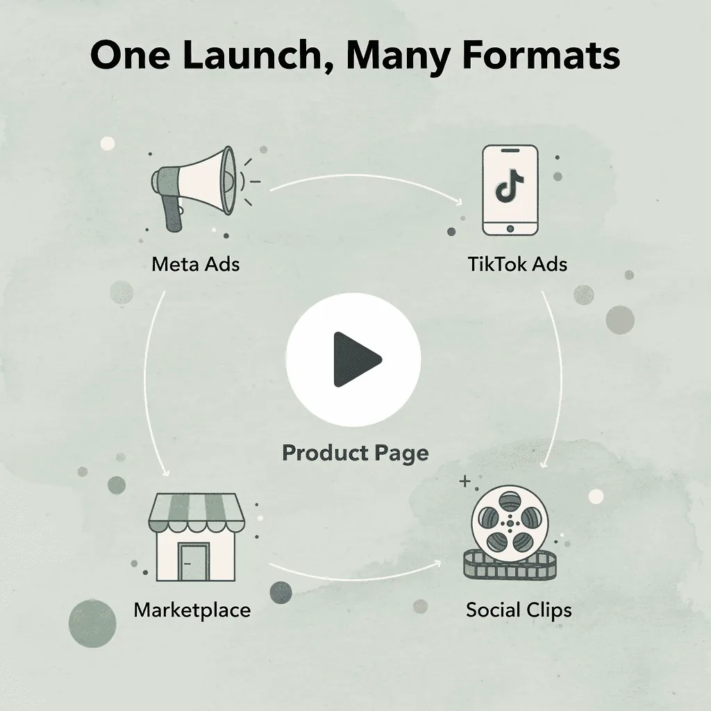 Hub and spoke infographic showing one product launch requiring five distinct video format outputs