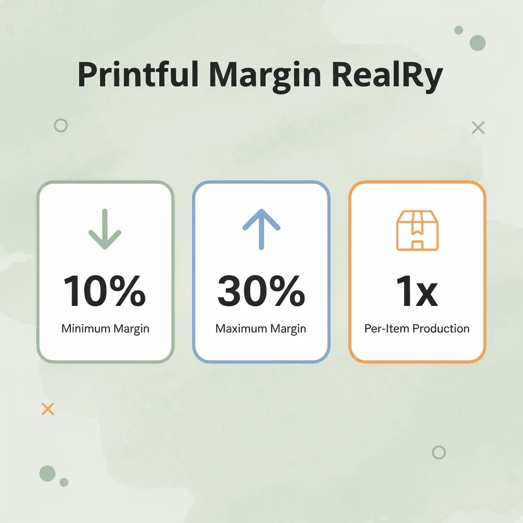 Stats infographic showing Printful profit margin range of 10 to 30 percent