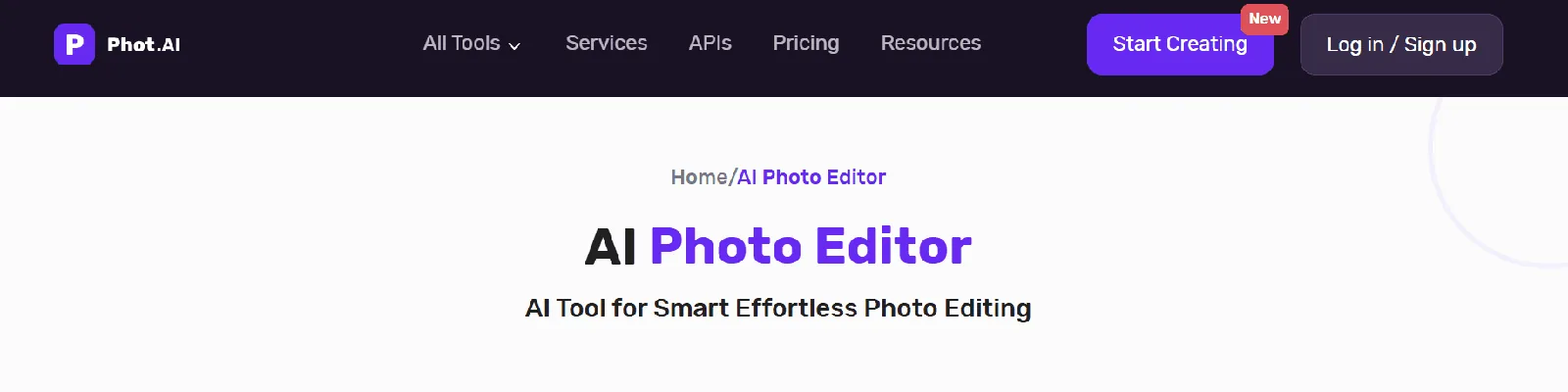 Screenshot of the Photo AI homepage