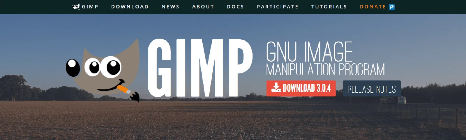 Screenshot of the GIMP homepage, a free open-source image editor