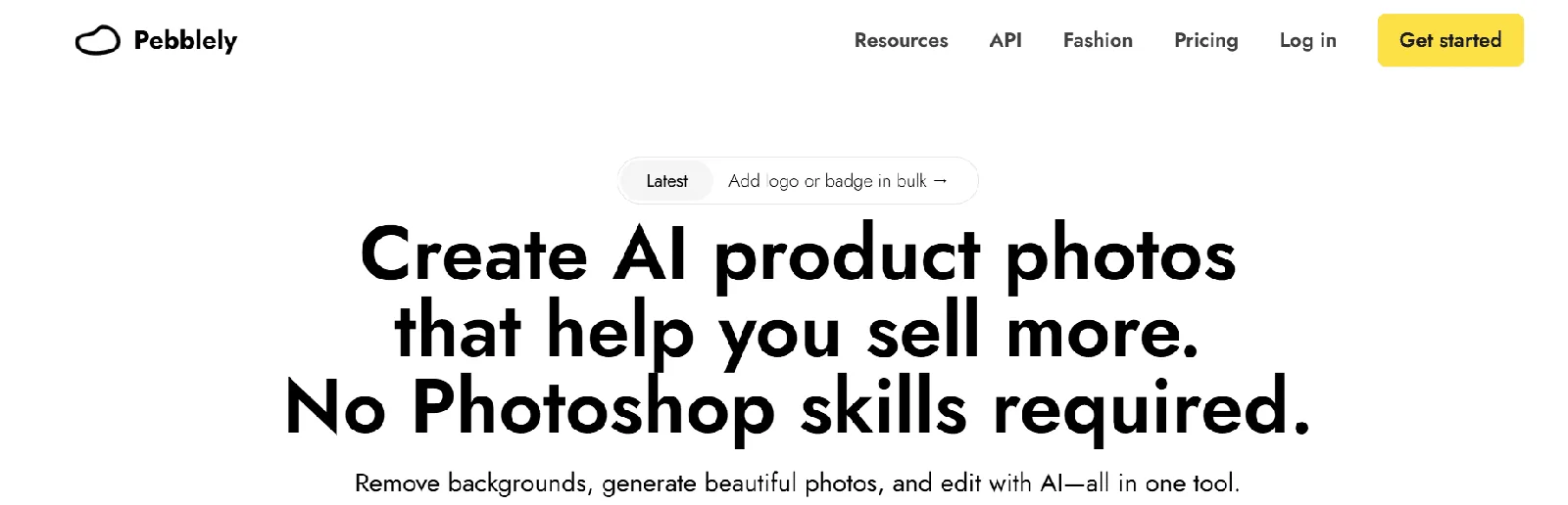 Screenshot of the Pebblely homepage