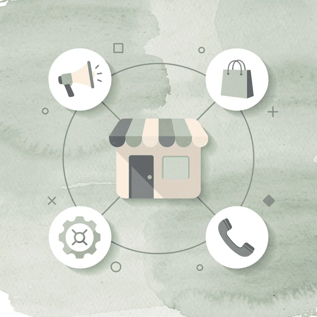 Icon hub showing visual content connecting ecommerce channels
