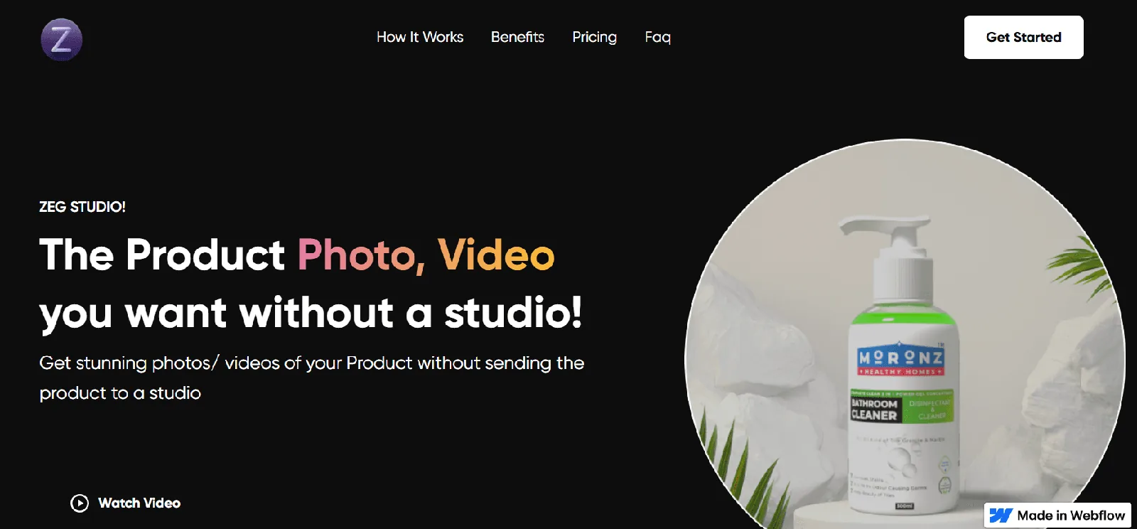 Screenshot of the ZEG homepage, an AI product photo and video studio
