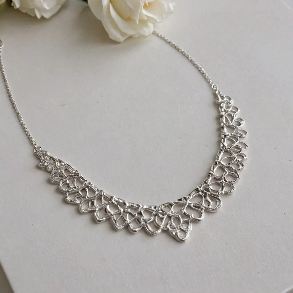 silver patterned necklace on a gray background with white flower at the top
