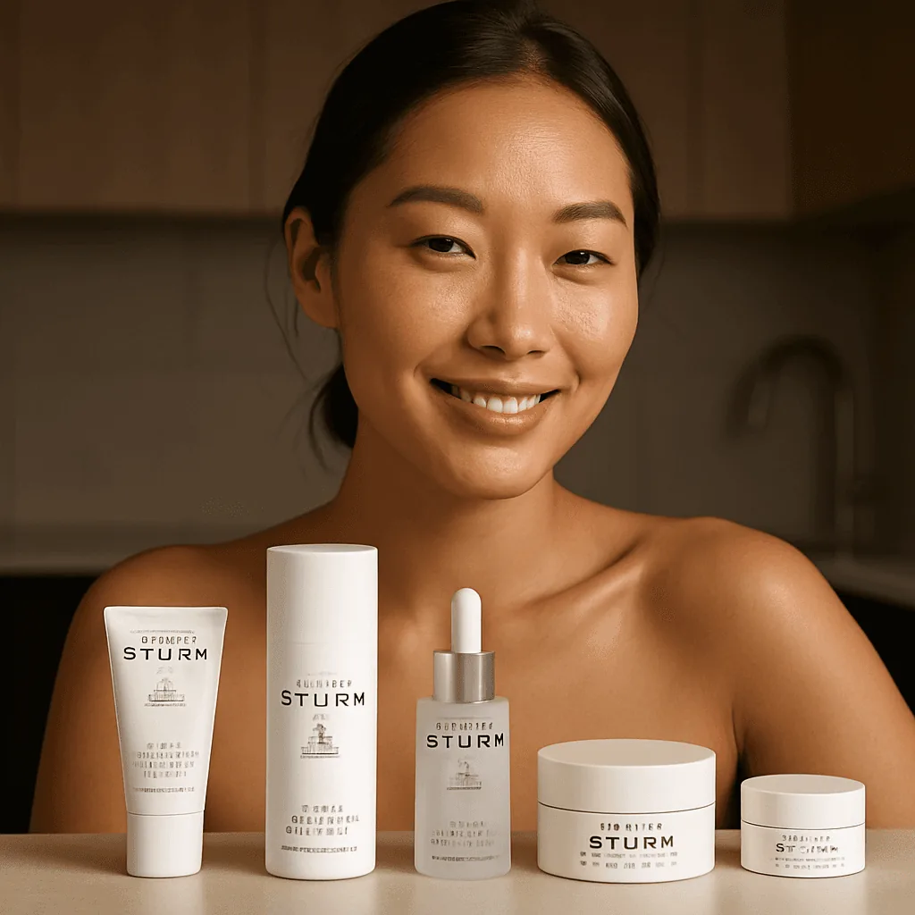 east asian model posing in modern kitchen with white skincare products on the counter