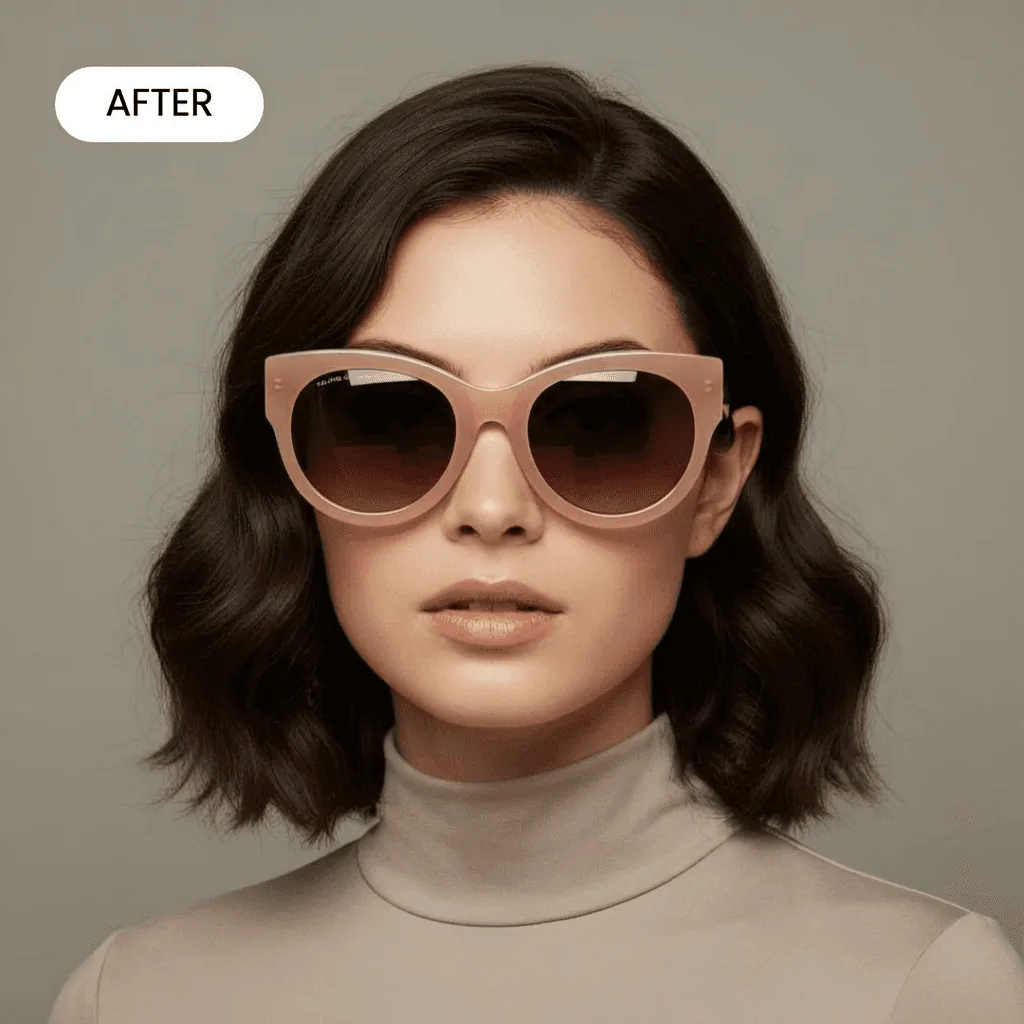 brunette woman with short hair wearing brown glasses in a professional studio facing the front