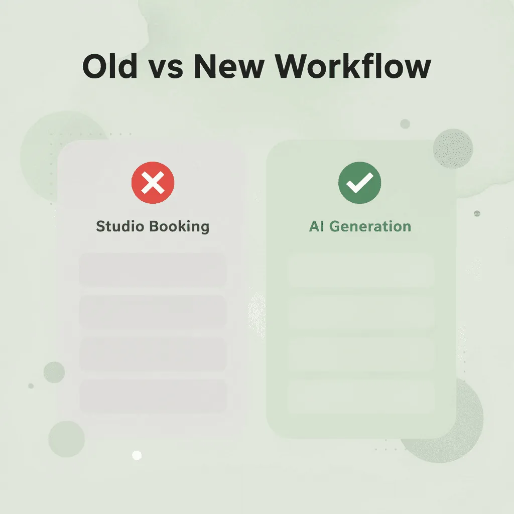 Before and after infographic comparing traditional studio photography workflow to AI-powered visual creation