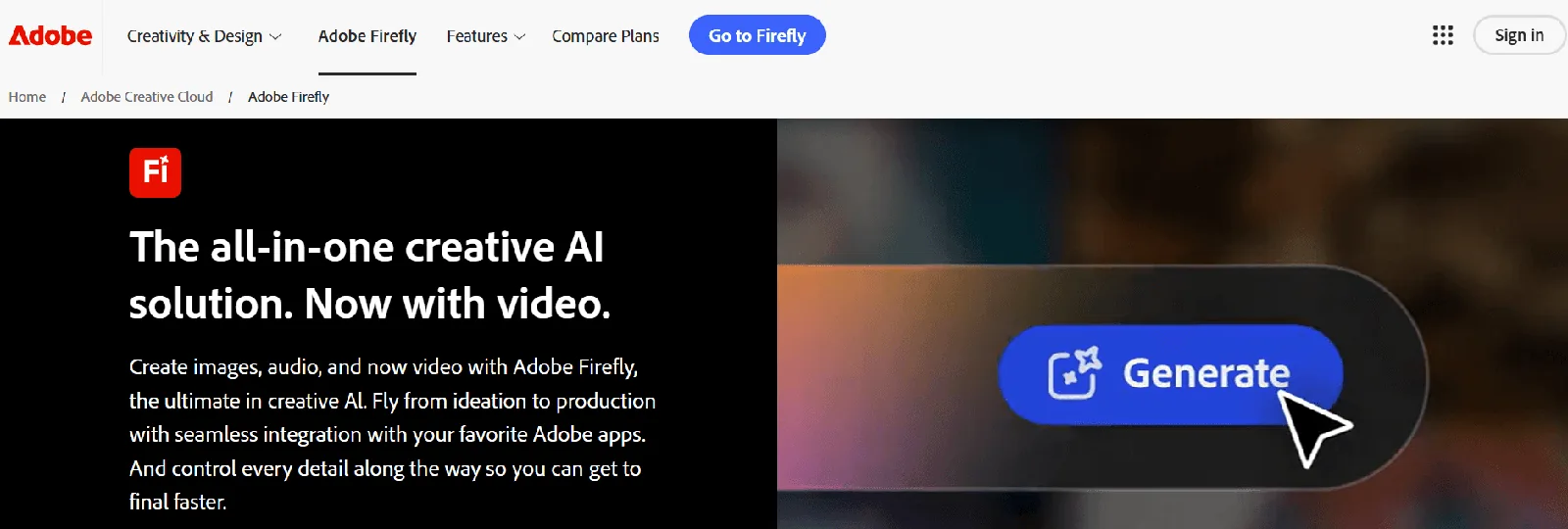 Screenshot of the Adobe Firefly homepage