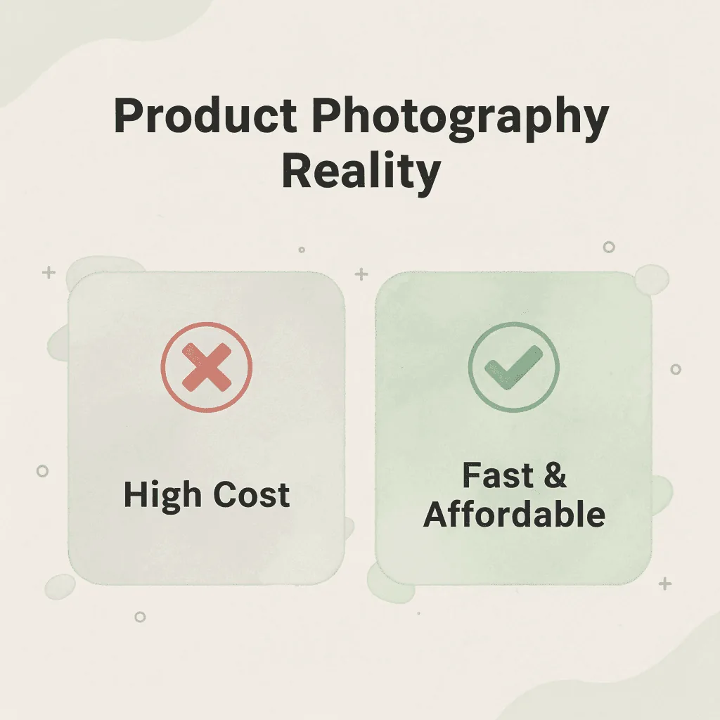 Before and after infographic showing the shift from expensive traditional photography to fast affordable product images