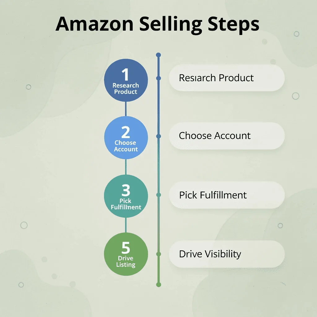 Numbered steps infographic showing the five stages of selling on Amazon