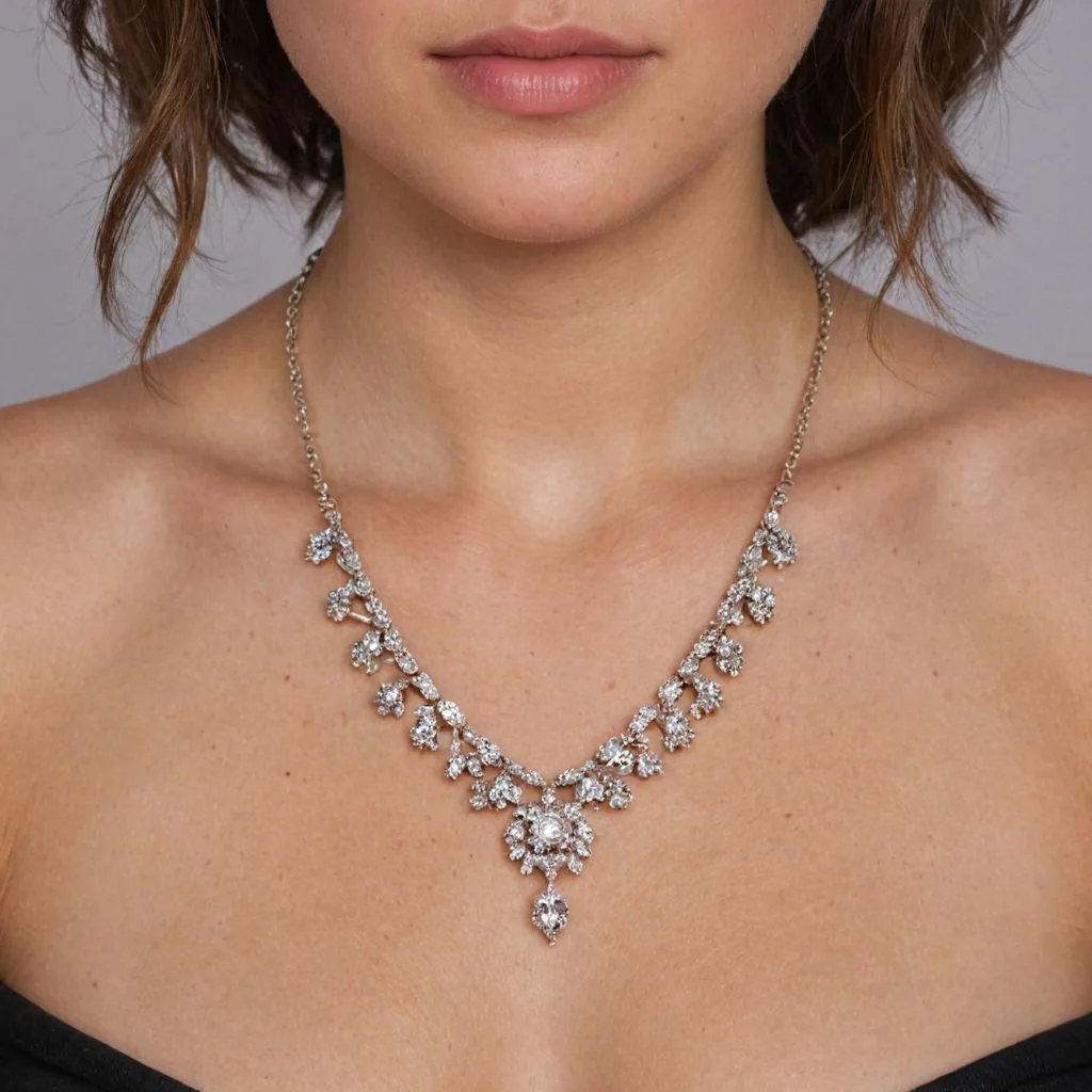 woman wearing intricate necklace up close with view of neck