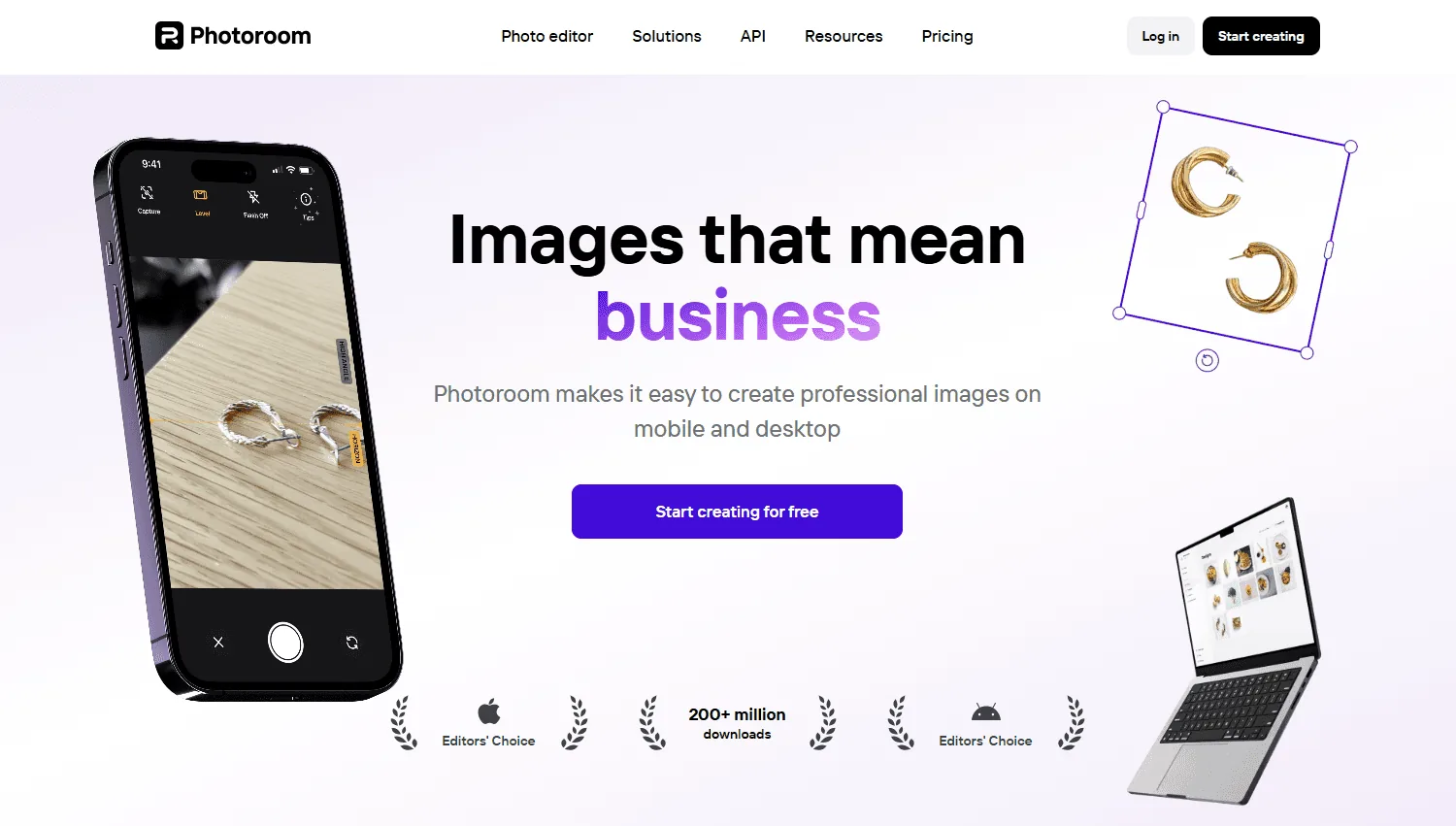 Screenshot of the Photoroom homepage, an AI product photo editor