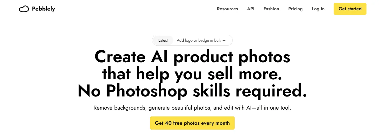 Screenshot of the Pebblely homepage